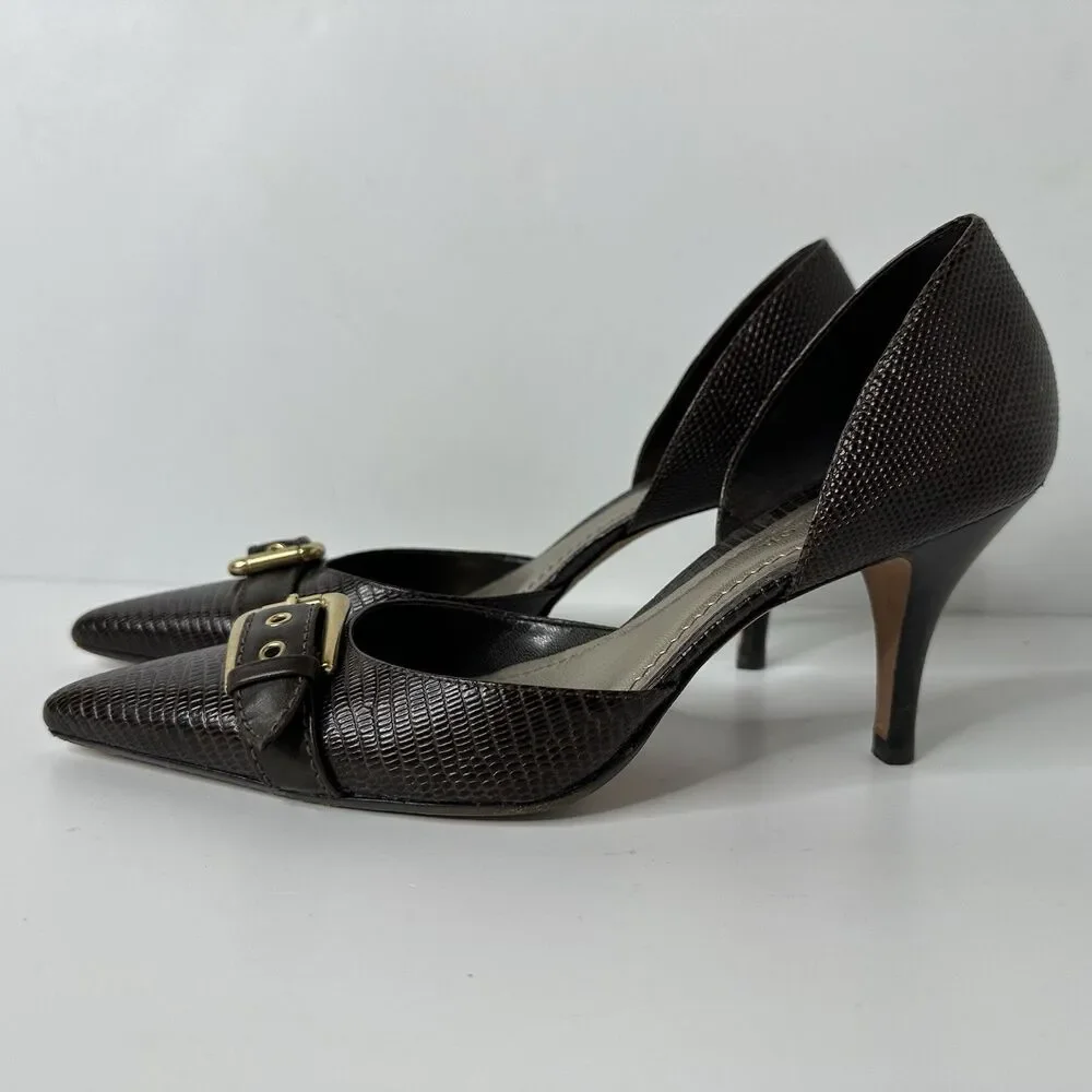 Ann Taylor D'Orsay Pumps 6M Brown‎ Snakeskin Pattern Buckle Pointed Toe 3" Heel - Picture 13 of 16